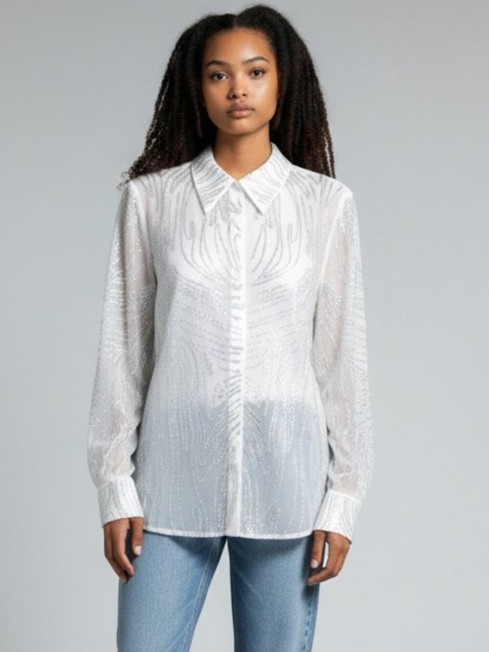 Akira Lottie White Sheer Rhinestone Embellished Button Up Long Sleeve Shirt